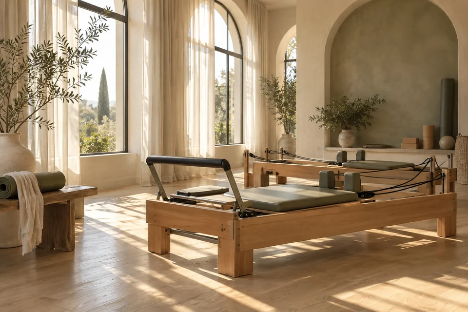 Estúdio de pilates iluminado e tranquilo, conceito Luma