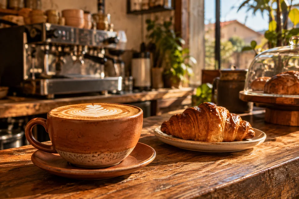 Cappuccino e croissant em um café acolhedor, conceito Miolo